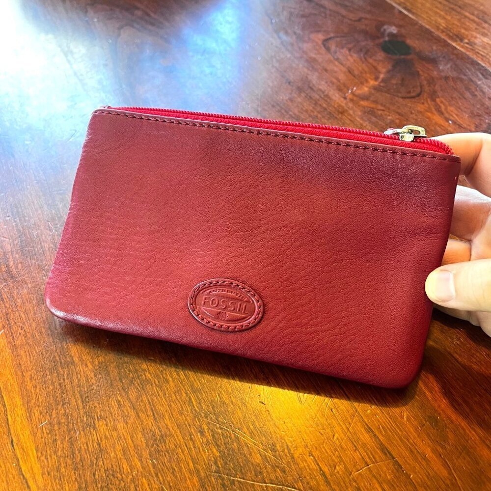 Fossil Women's Leather Wallet Trifold With Zippered‎ Coin Pouch Red & Pink